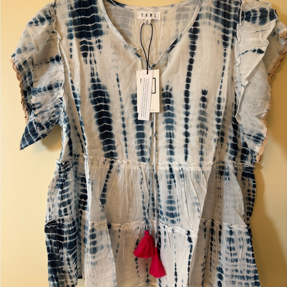 THML Navy and White Tie-Dye Blouse NWT
